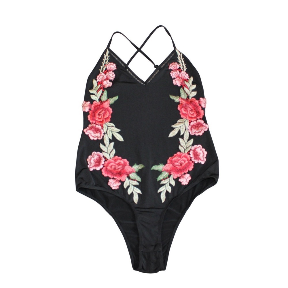 SEEK the Label Floral Embroidered Bodysuit Black Strappy Back Festival Boho M - Picture 2 of 4